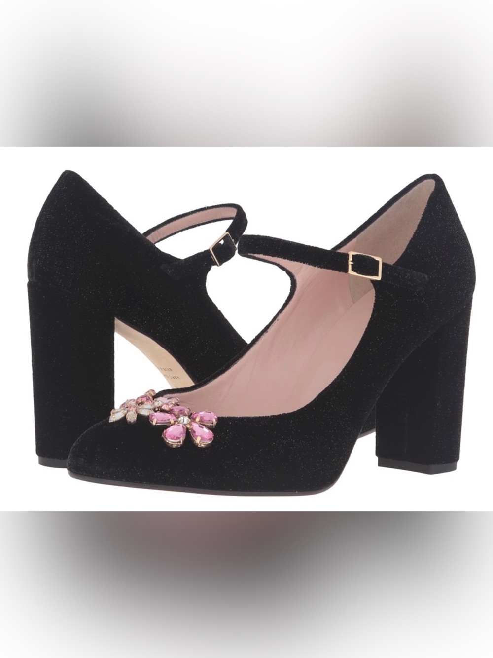 Kate Spare Black Velvet Mary Jane Pumps with Pink Jewel Accent